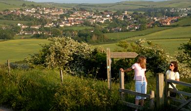2 women walking in Dorset