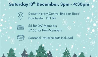 Poster for the event with a light green background and cartoon snowy forest. White snowflakes are falling around the title 'Season's Readings'.