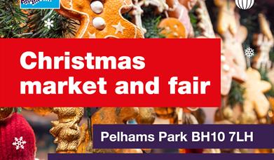 A poster featuring a close up of a Christmas Tree, with hanging gingerbread men decorations, detailing the event Christmas Market and Fair.