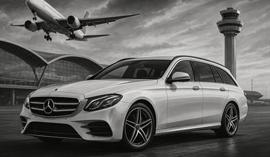 A Mercedes E-Class estate at an airport with a plan taking off above.