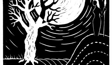 Lino print image of a woman standing on a hill with a spear, looking out over the moonlit landscape