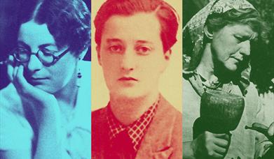 An image split into three vertical panels. On the left is a photograph of a woman called Sylvia Townsend Warner wearing glasses and resting her chin i