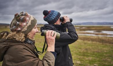adults with binoculars looking over landscape
