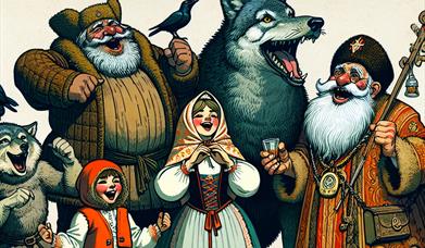 Illustrated folk characters gathered together to sing carols