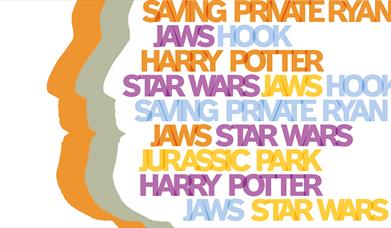 Graphic side face profile, next to it the film title for John Williams' most famous scores.