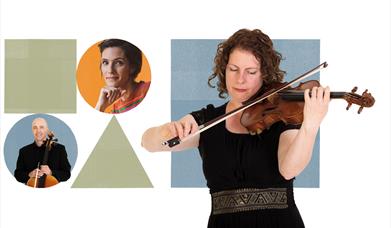 Musicians playing their instruments inside graphic shapes