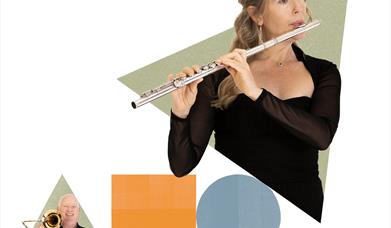 Musicians playing their instruments inside graphic shapes