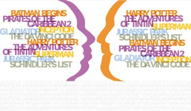 Two heads face to face, made up of film titles