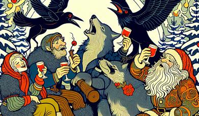 Illustrated folk characters gathered together to sing carols