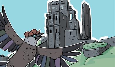 Cartoon Corfe Castle with a happy jackdaw in front.