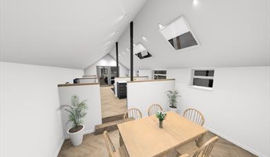 Upstairs open plan - dining area, kitchen, lounge/snug