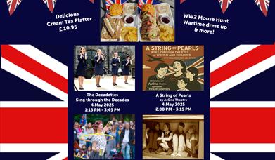A union jack style poster with red white, and blue coloured flags. The poster has pictures of a Cream Tea platter, four women in WW2 outfits singing,