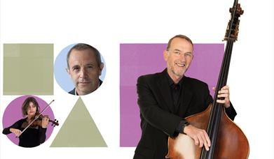 Conductor Mark Wigglesworth and orchestra members holding their instruments inside graphic shapes.