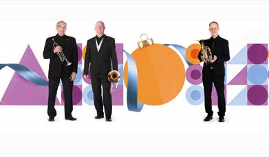 Musicians holding their instruments in front of festive graphic shapes