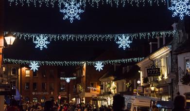 Christmas lights lit up in Wimborne Minster, Dorset