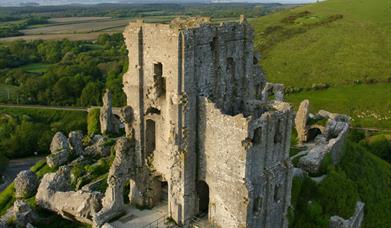 Aerial photo of Corfe Castle in Dorset