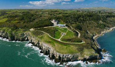 Durlston Country Park and Castle from the air, showing cliffs, coast and meadows