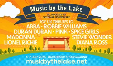 Graphic for music by the lake with list of tribute acts, date and website