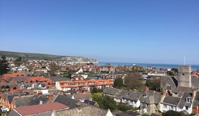 The view of Swanage town and bay from the window of Purbeck Loft