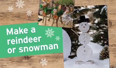 Wooden reindeer with tinsel antlers and a snowman made of 3 white disks