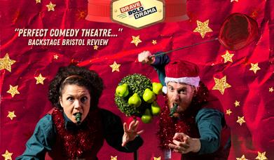 Composite colour image advertising a Theatre show. Dark red wrapping paper background. The words Yule Be Merry in black swirly font within a golden sn